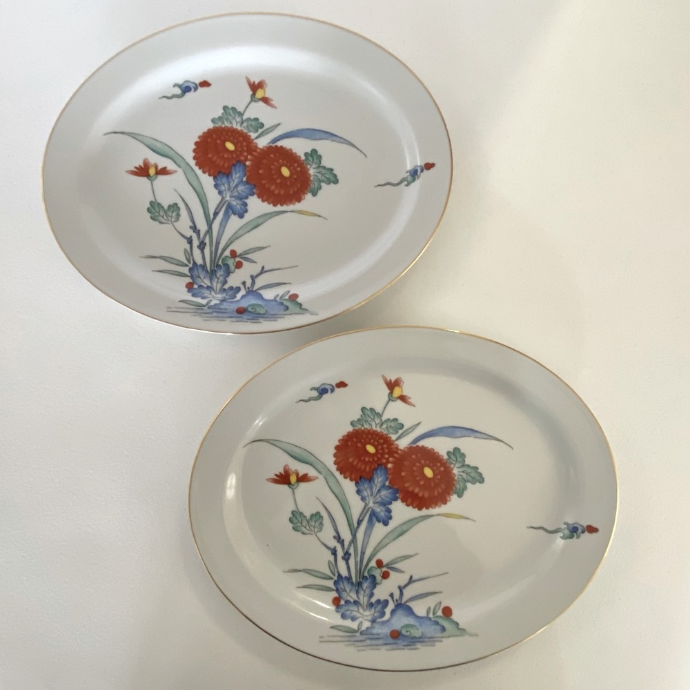 Two Medium White with Modern Floral Design Oval Bone China Platters 12”